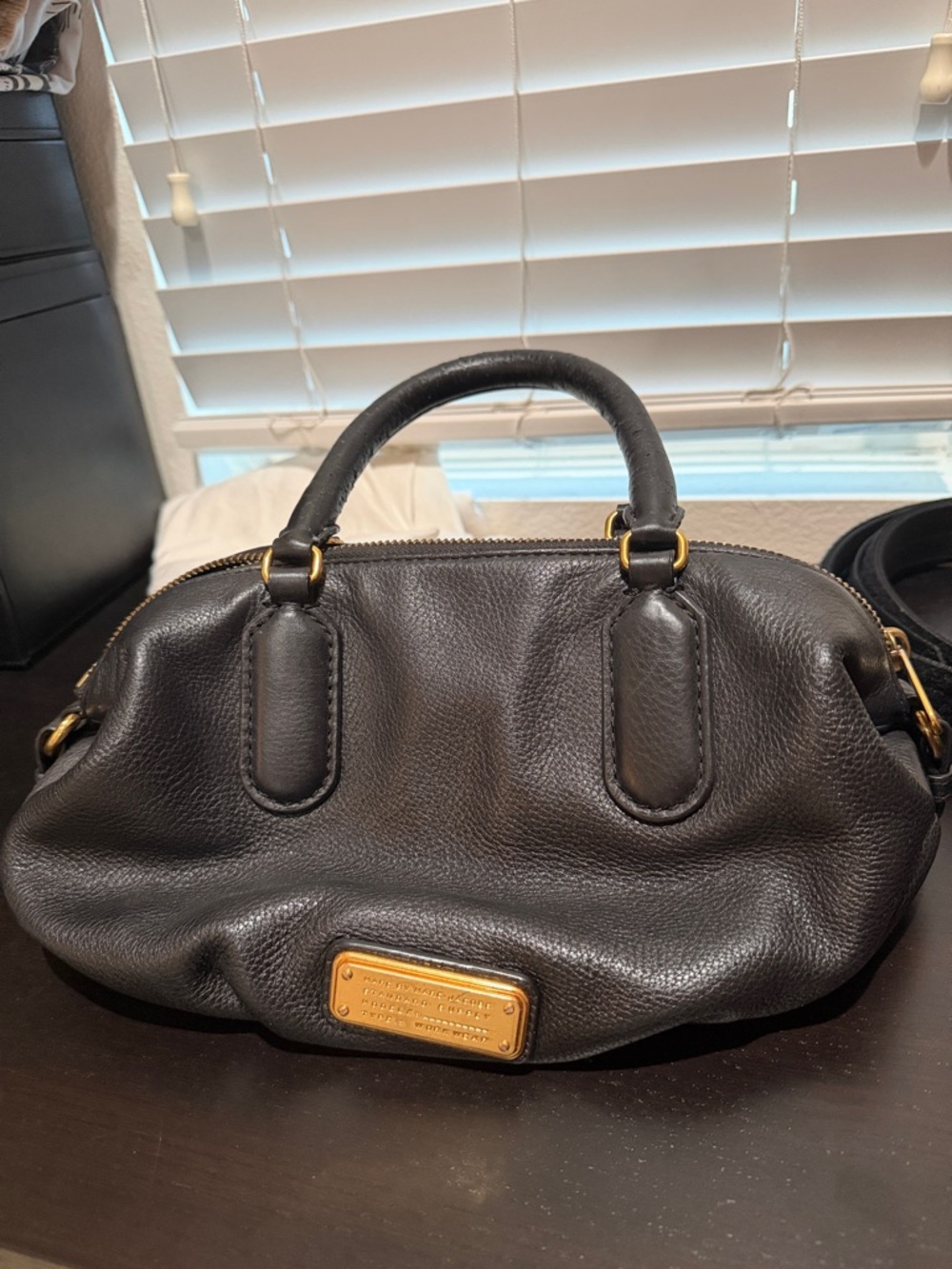 Marc by Marc Jacobs Black Leather Dome Satchel with Gold Plaque